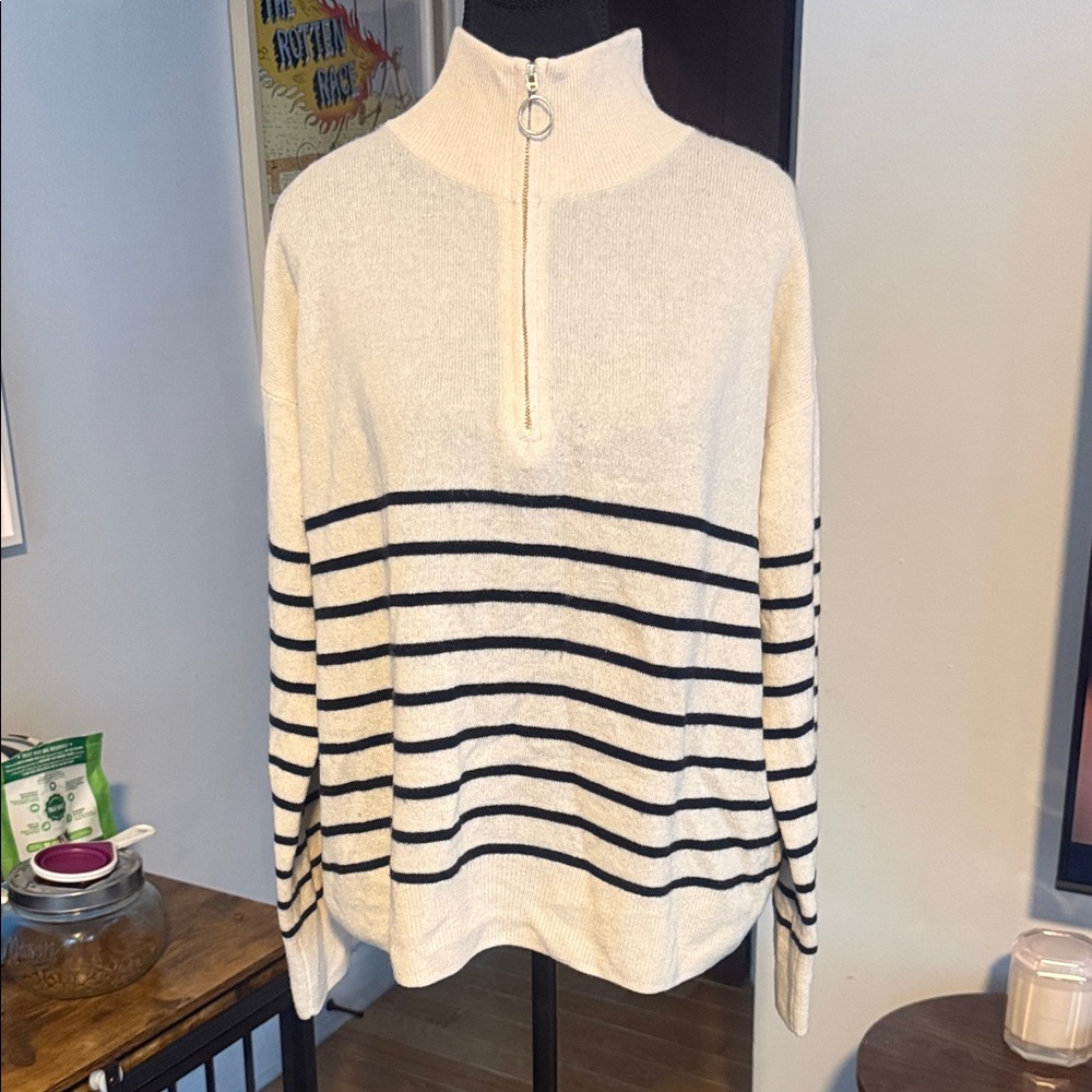 Cream and Black Striped Half-Zip Sweater Cashmere